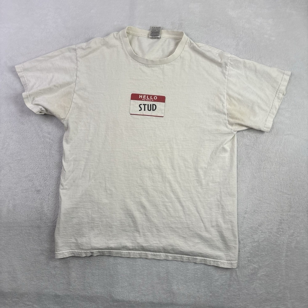 VTG Hello My Name Is Stud White SS Graphic Shirt Distressed Men's Large - Picture 1 of 10